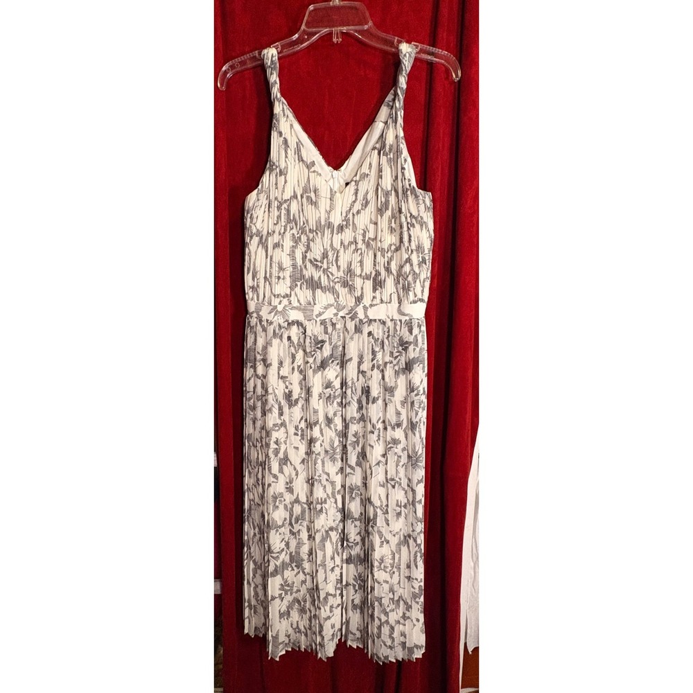 Banana Republic Midi Dress Womens 12 White Grey Excellent Pleated Sketch Floral